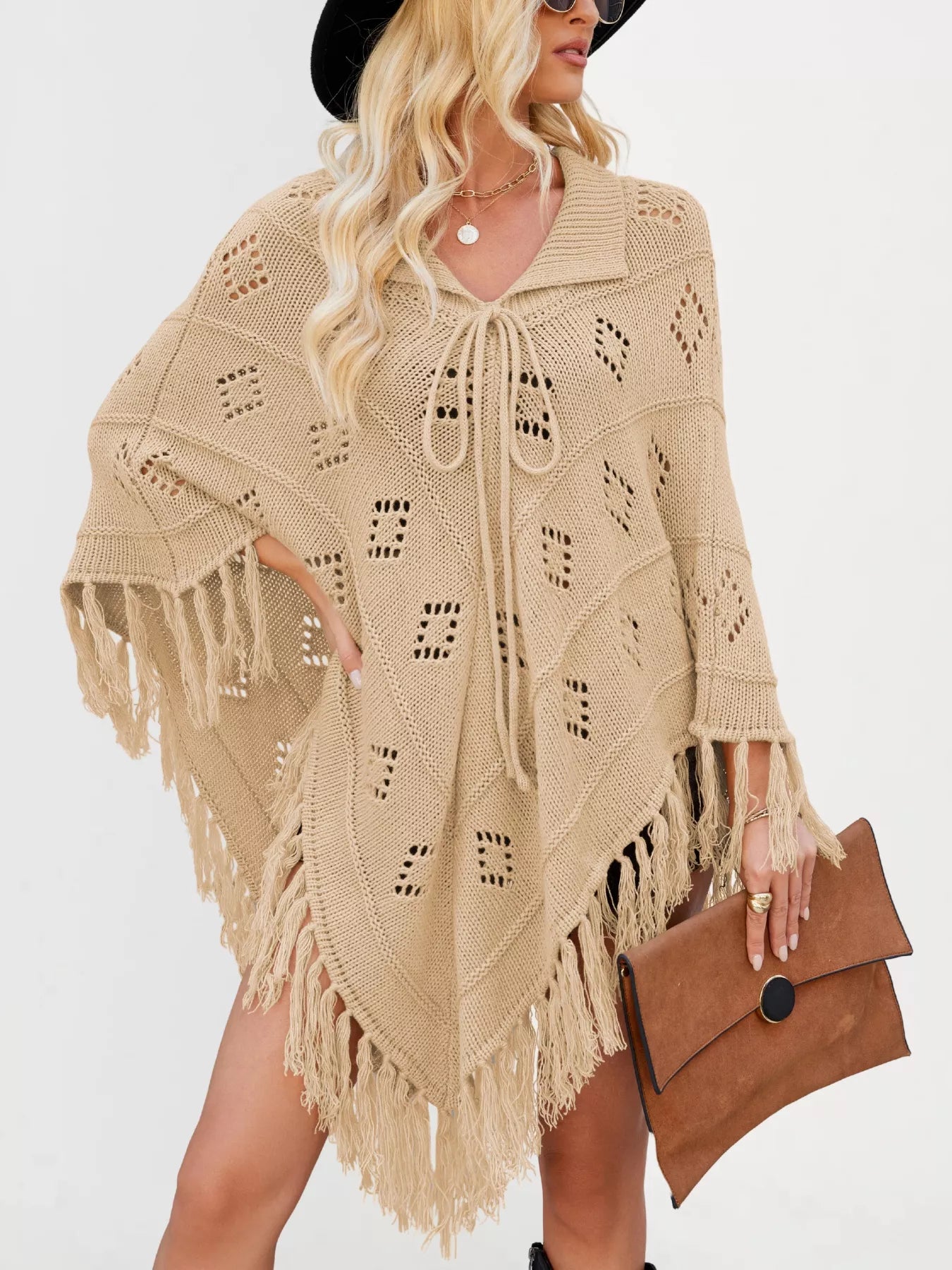 Women's Fringe Tassel Tie Openwork Knit Boho Beach Cover Up Multi Colors S-XL