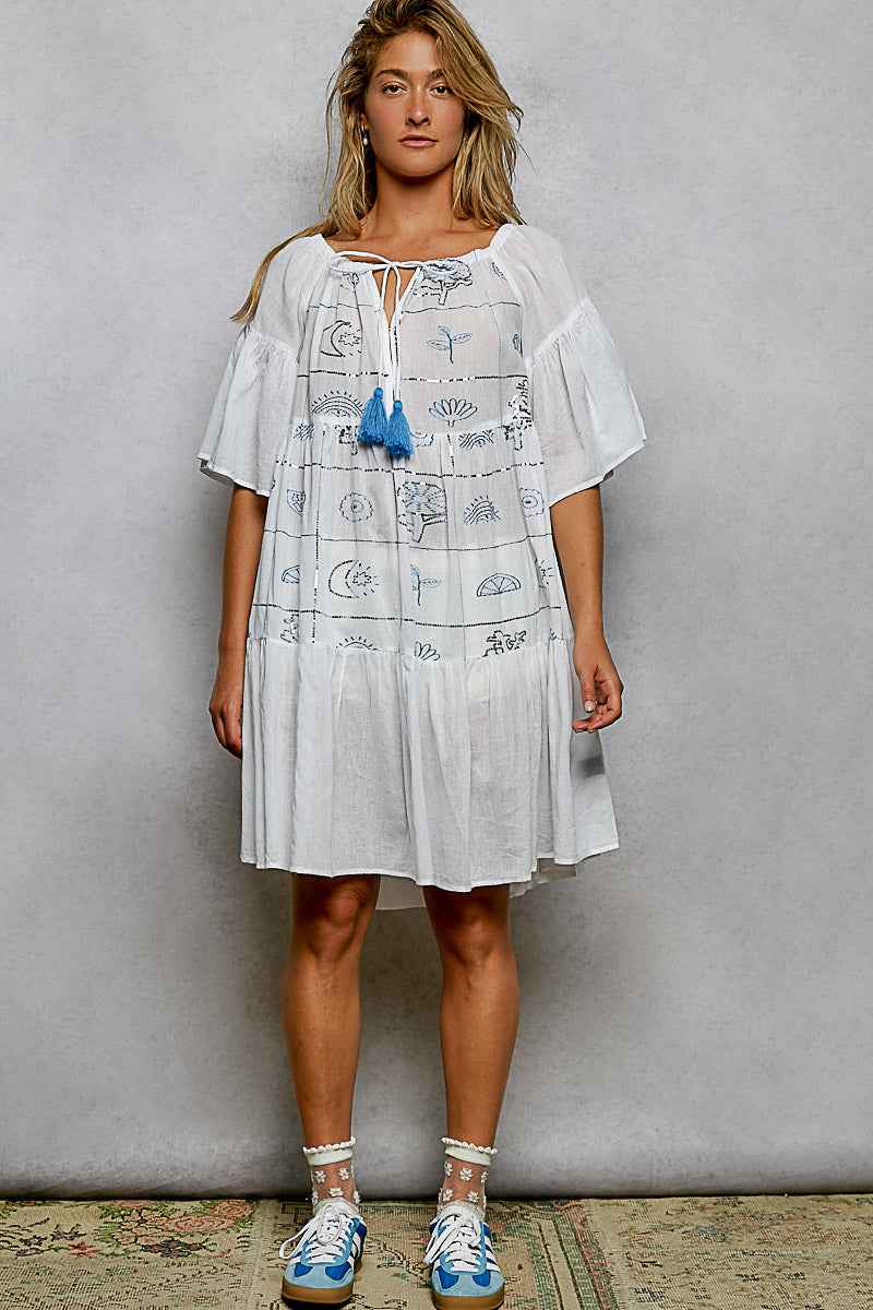 Women's Embroidered Tassel Mini Dress Square Neck Ruffle Sleeve Ivory S-M