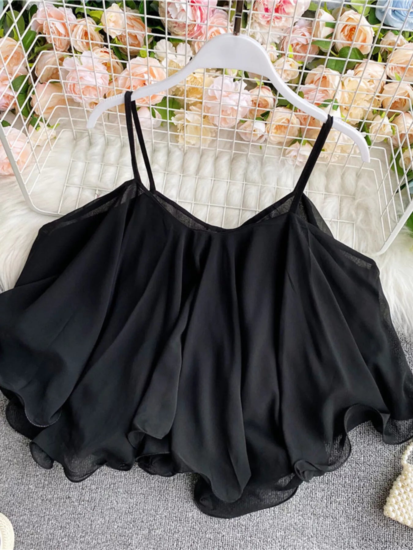 Ruffled Flowy Cami Black One Size