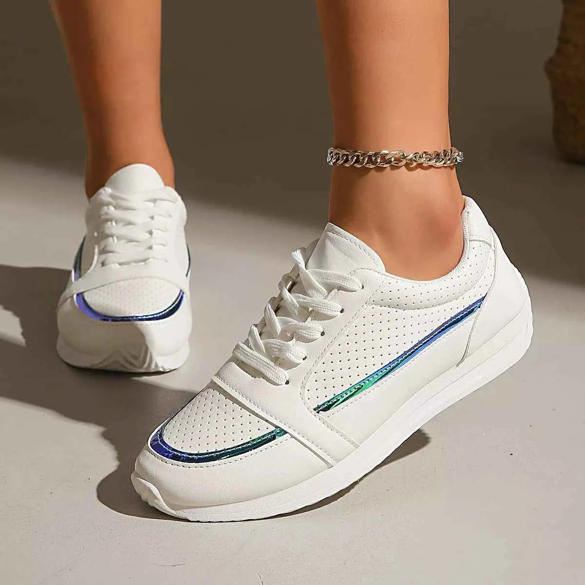 Women's Round Toe Lace-Up Casual Sneakers Boho Coastal Gold Green US 5-11
