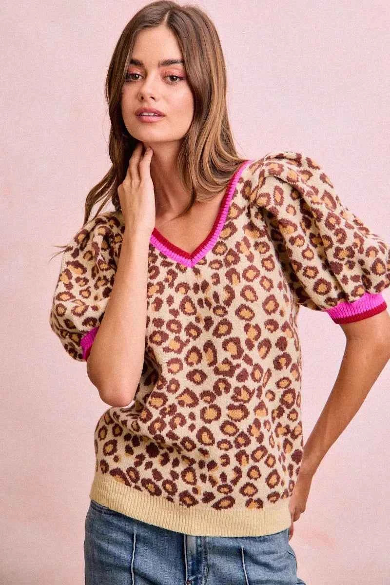 BiBi Women's Leopard Print Puff Sleeve V-Neck Sweater Top Ribbed S-XL