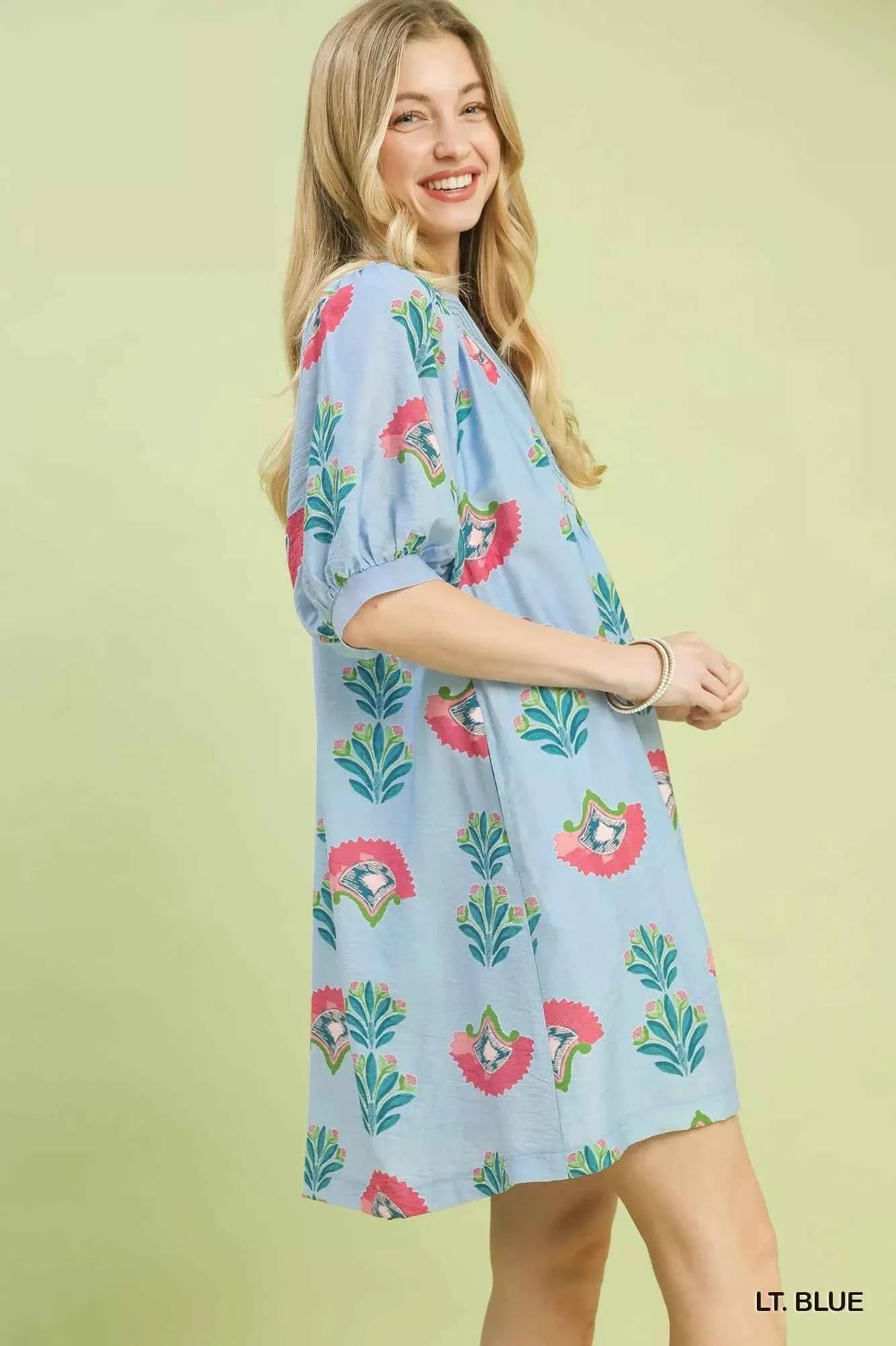 Umgee Women's Bold Abstract Print Mini V-neck Dress Casual Chic Light Blue S-L
