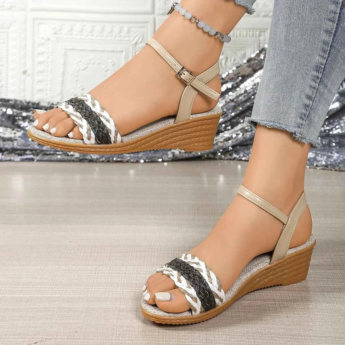 Women's Ankle Strap Low Wedge Sandals Open Toe Boho Multi US 5-11