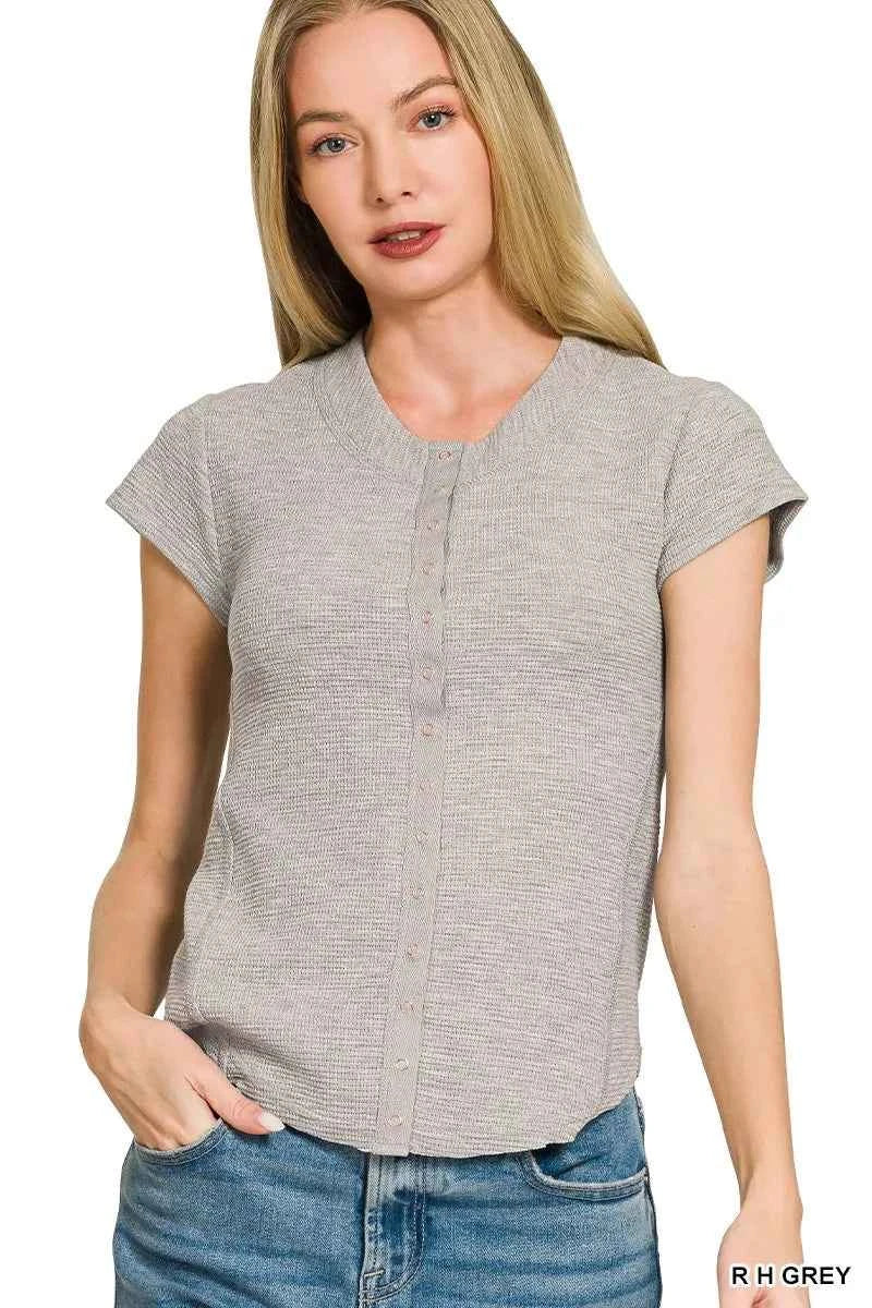 Women's Zenana Double Knit Snap Button Short Sleeve Shirt Heather Grey S-L R H GREY