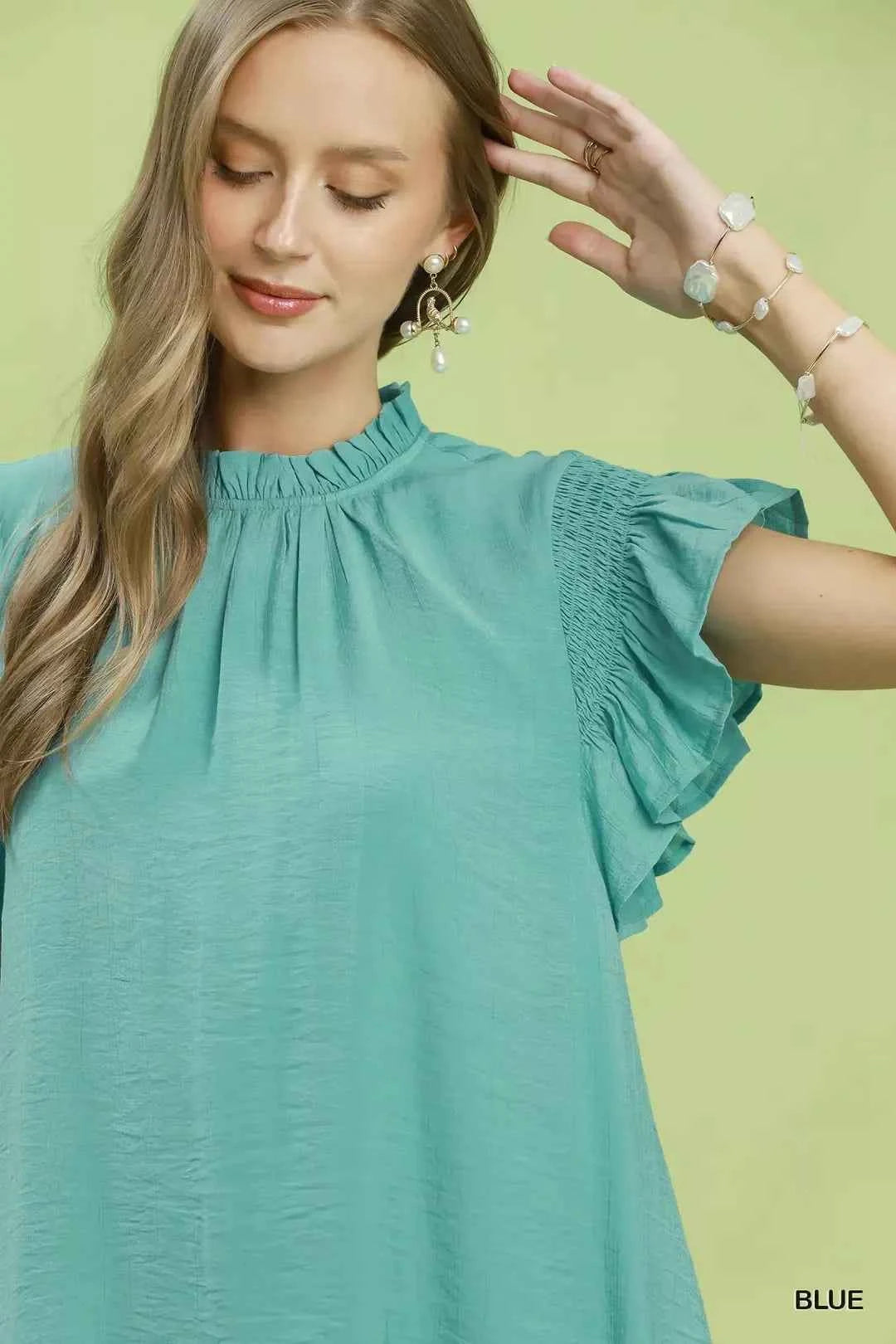 Umgee Women's Smocked Ruffle Flutter Sleeve A-Line Dress Pockets Mint S-L