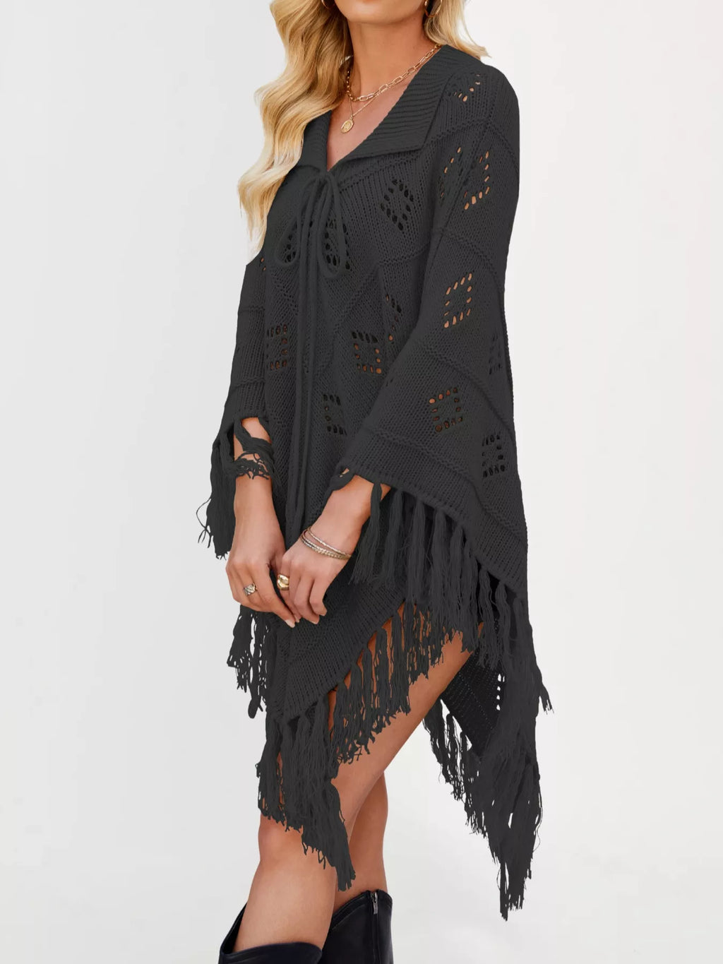 Women's Fringe Tassel Tie Openwork Knit Boho Beach Cover Up Multi Colors S-XL