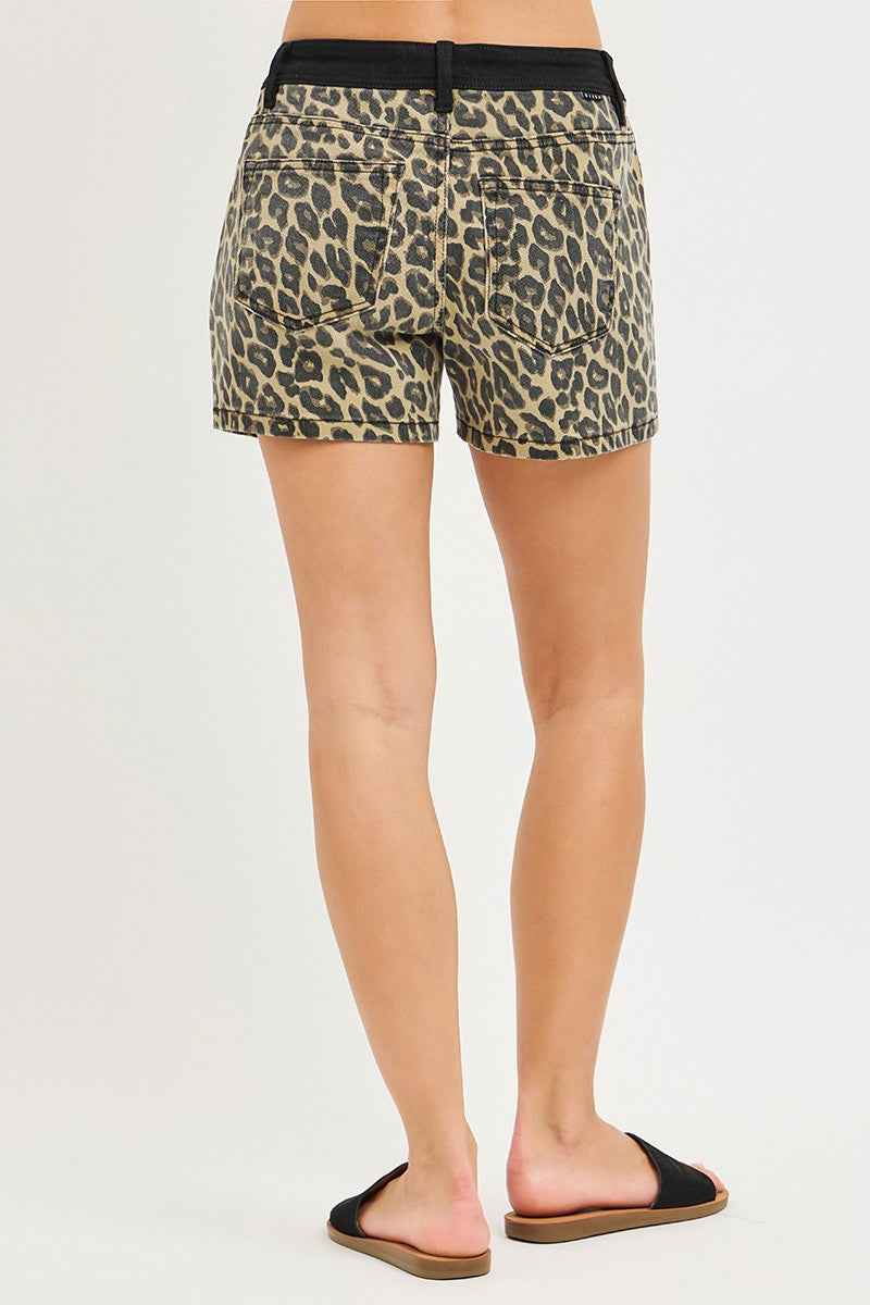 RISEN Women's High Rise Leopard Print Shorts Contrast Waistband Coffee S-XL