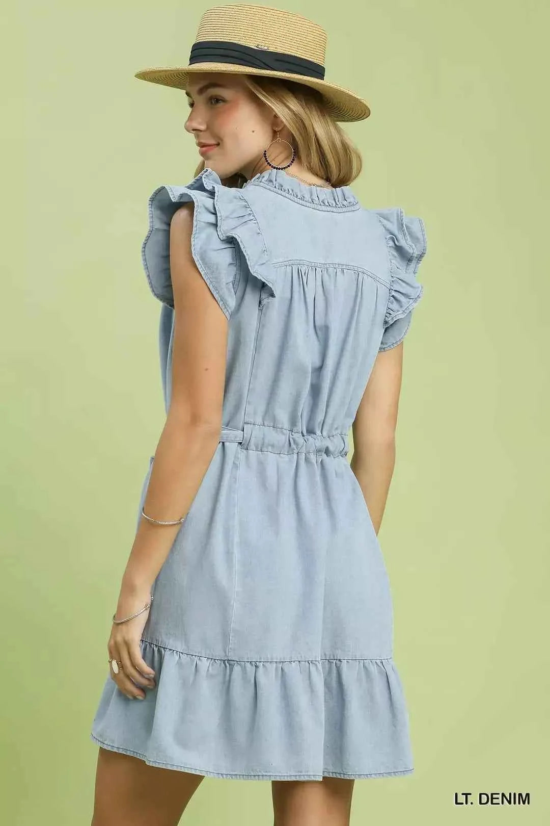 Women's Chambray Denim Ruffle Babydoll Dress Self-Tie Belt Pockets Lt Denim S-L