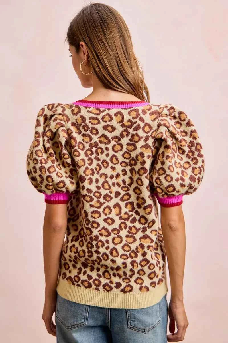 BiBi Women's Leopard Print Puff Sleeve V-Neck Sweater Top Ribbed S-XL