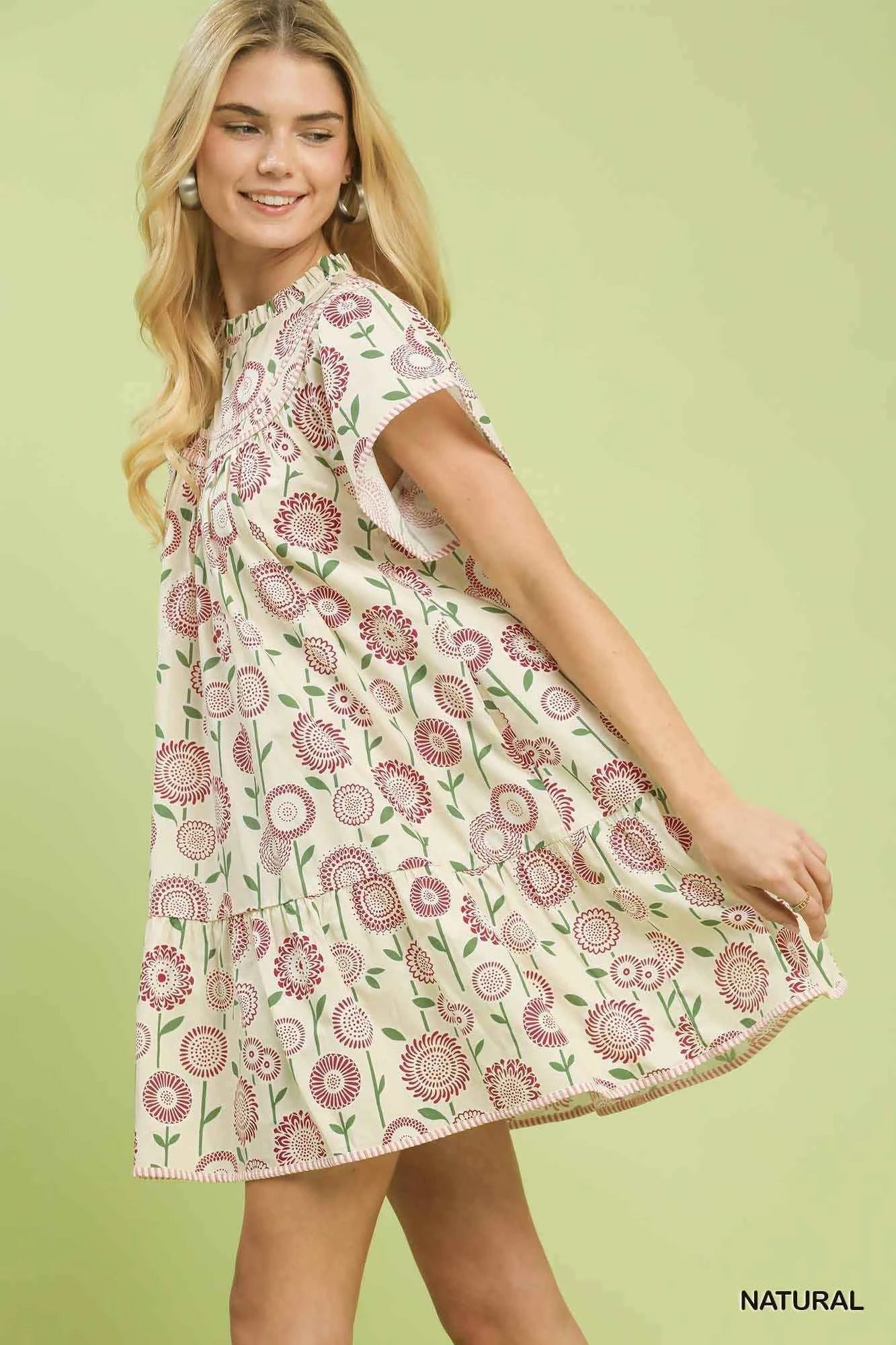 Women's Umgee Floral Print Tiered Babydoll Dress Ruffle Hem Cotton Natural S-L