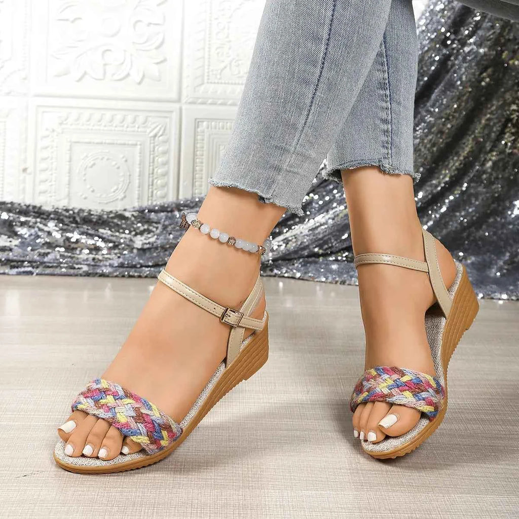 Women's Ankle Strap Low Wedge Sandals Open Toe Boho Multi US 5-11