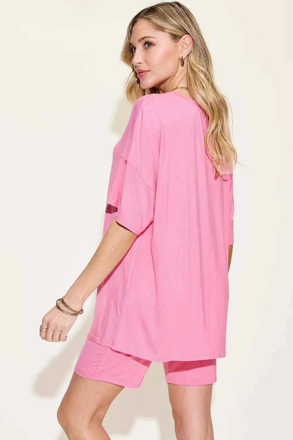 Women's Basic Bae V-Neck Drop Shoulder T-Shirt and Shorts Set Multi Colors S-3XL