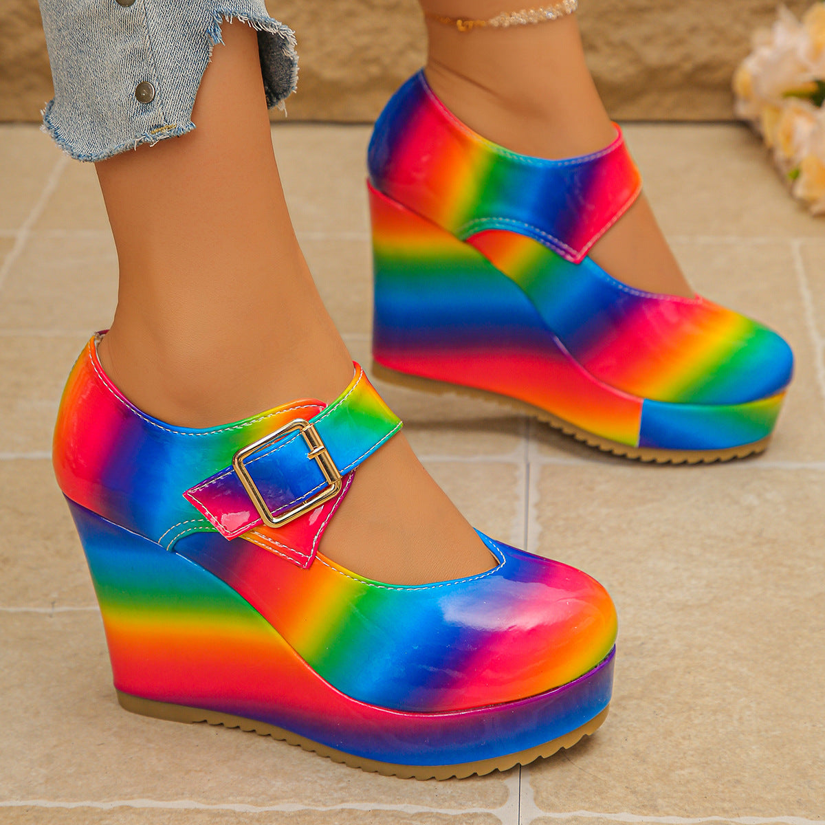 Women’s Rainbow Tie Dye Platform Wedge Sandals Boho Festival Mary Jane Heels Footwear