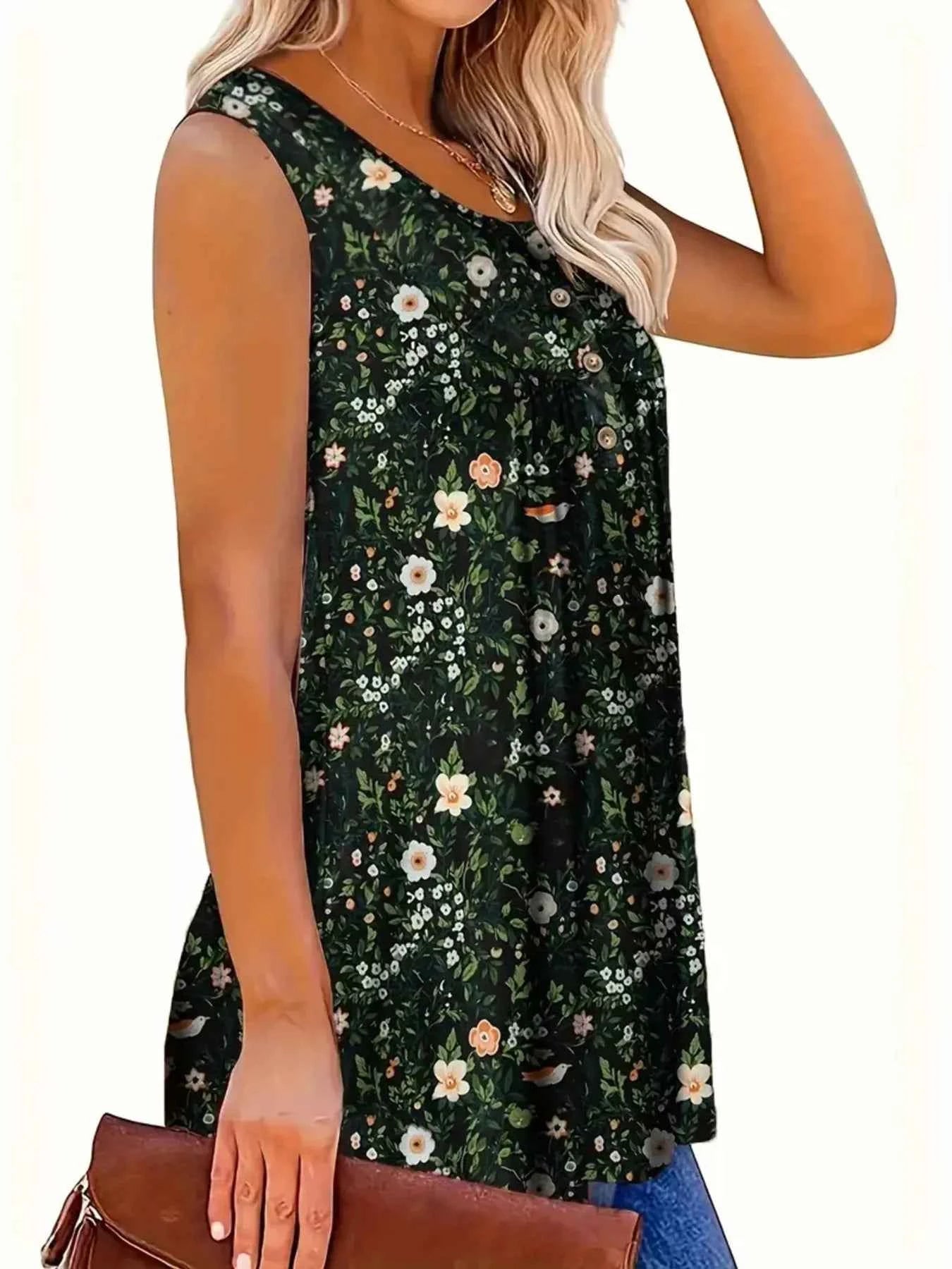 Full Size Floral Print Button Detail Tank Plus Size