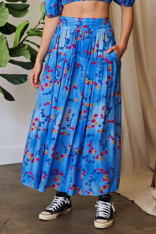 Davi & Dani Women's Floral Smocked Waist Ruffled Maxi Skirt Ocean Blue S-L