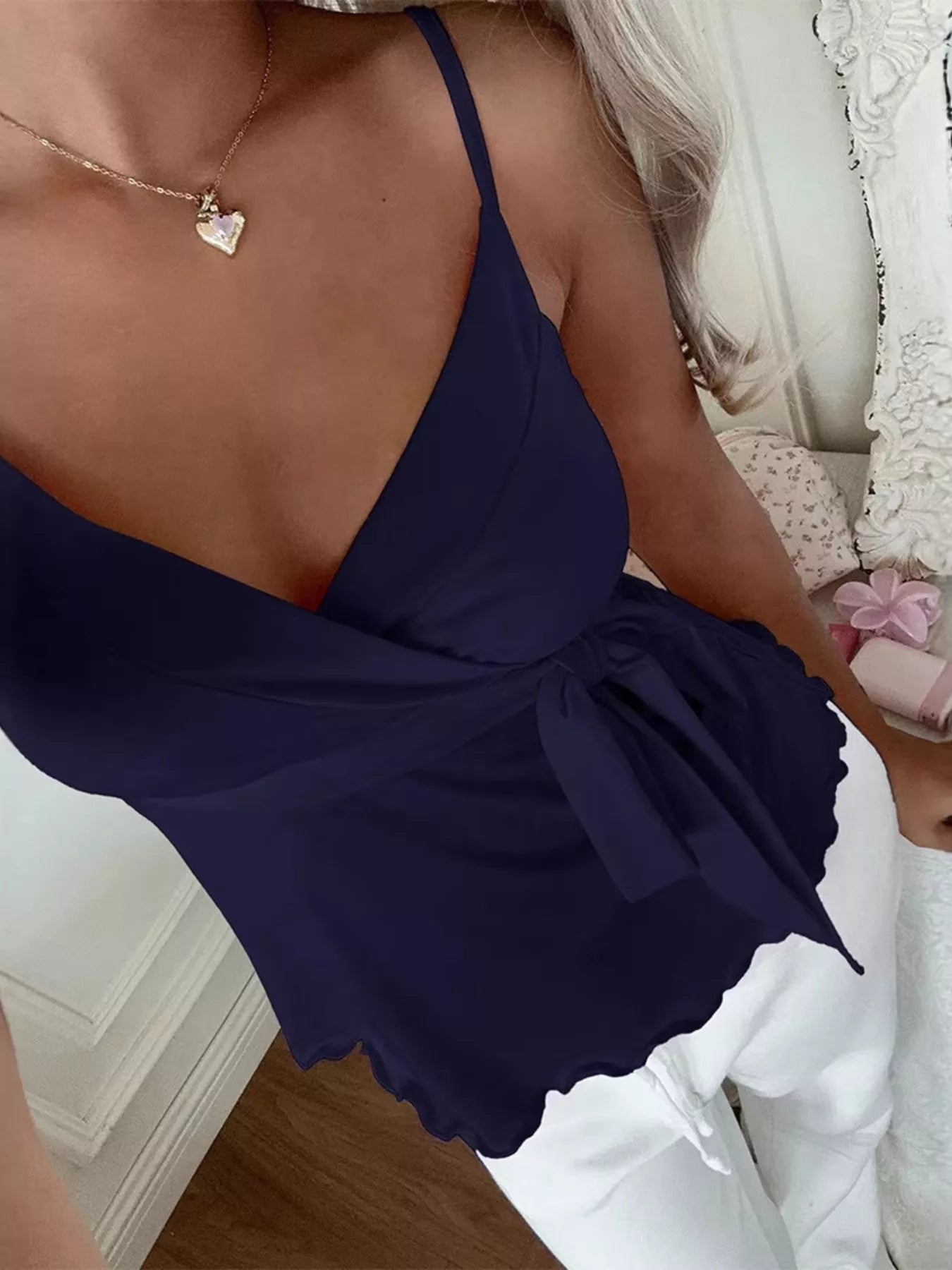 Wrap Tie Surplice Cami Navy Blue