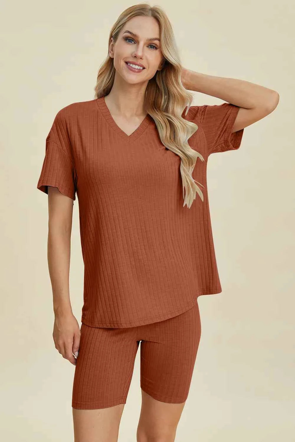 Women's Basic Bae Ribbed V-Neck Top and Shorts Set Two-Piece Multi Colors S-3XL