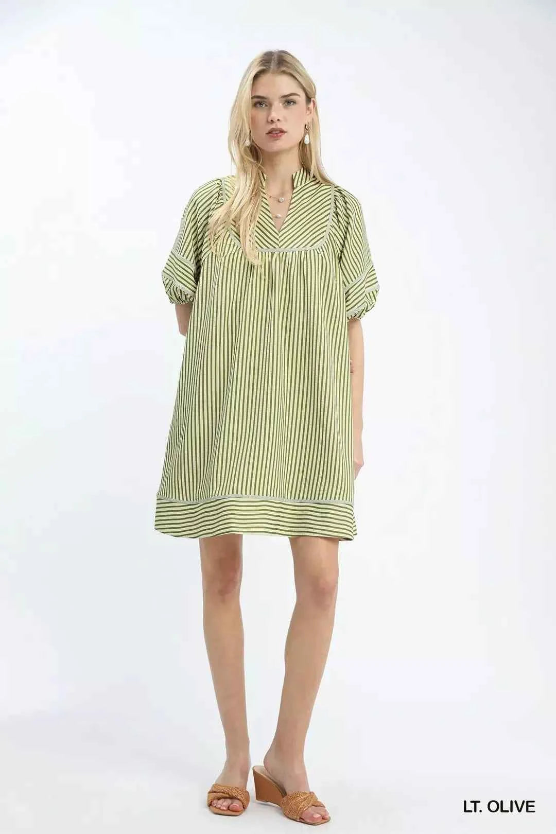 Women's Umgee Striped Puff Sleeve Shift Dress Lined Pockets Lt Olive S-L