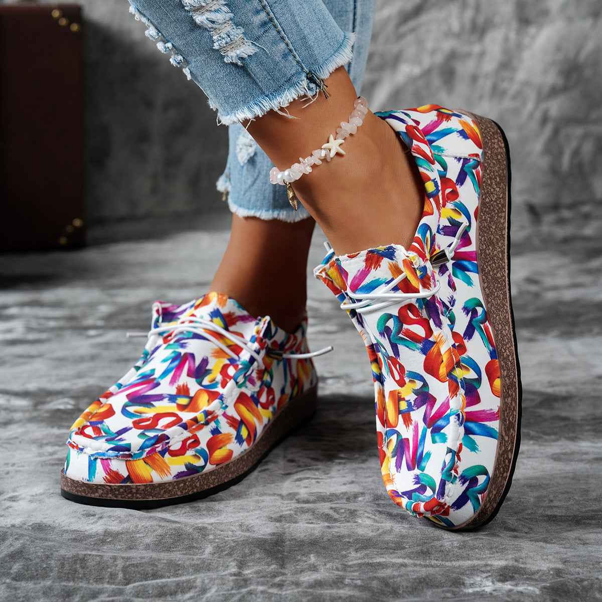 Women's Colorful Abstract Print Casual Loafers Slip-On Flat Shoes 5-11 EU 36-43