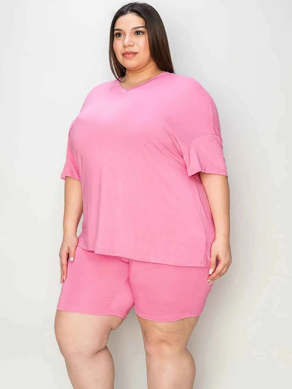 Women's Basic Bae V-Neck Drop Shoulder T-Shirt and Shorts Set Multi Colors S-3XL