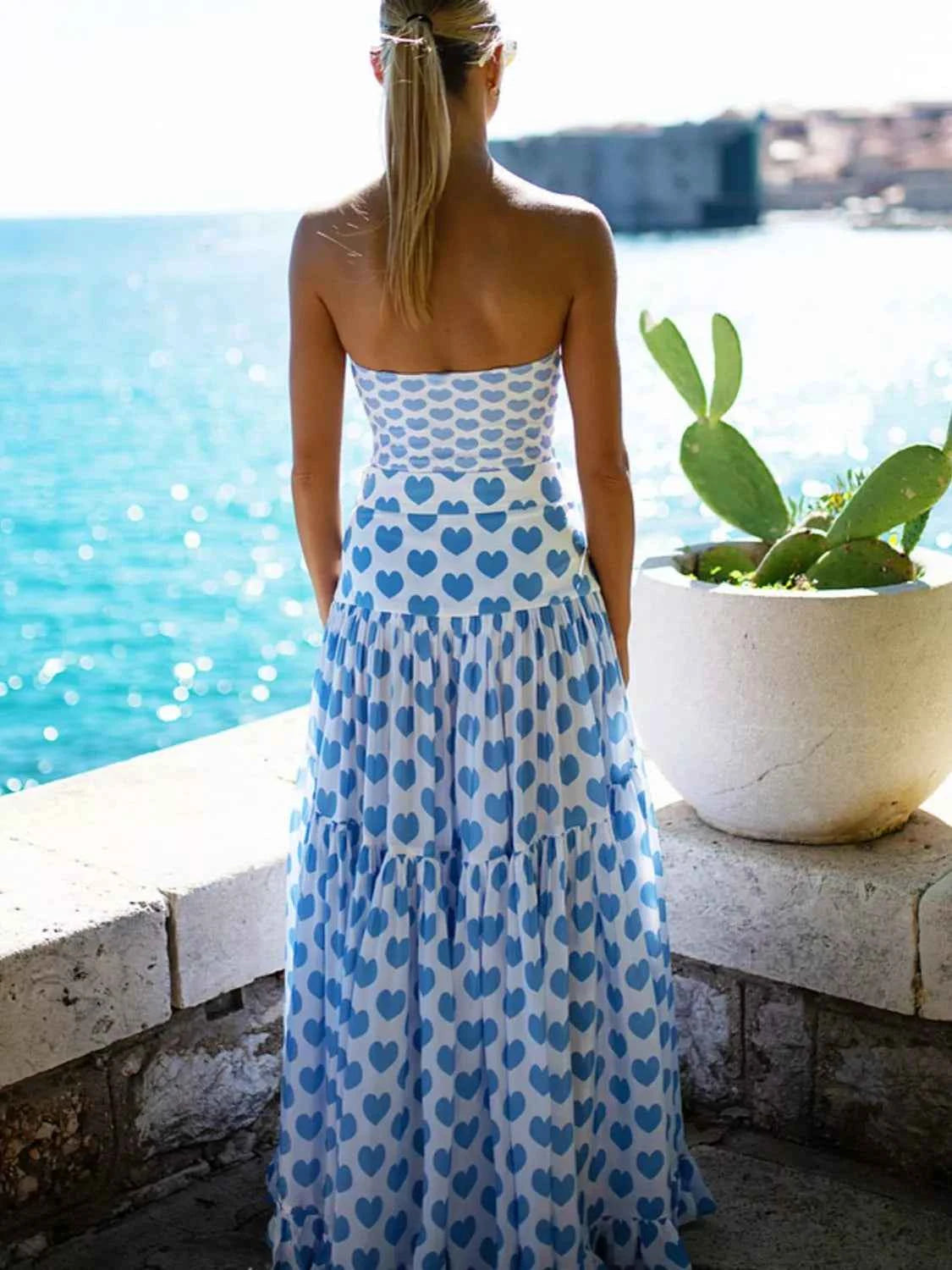 Women's Sweetheart Ruffle Bow Swimsuit & Skirt Set Polka Dot Hearts Print S-XL