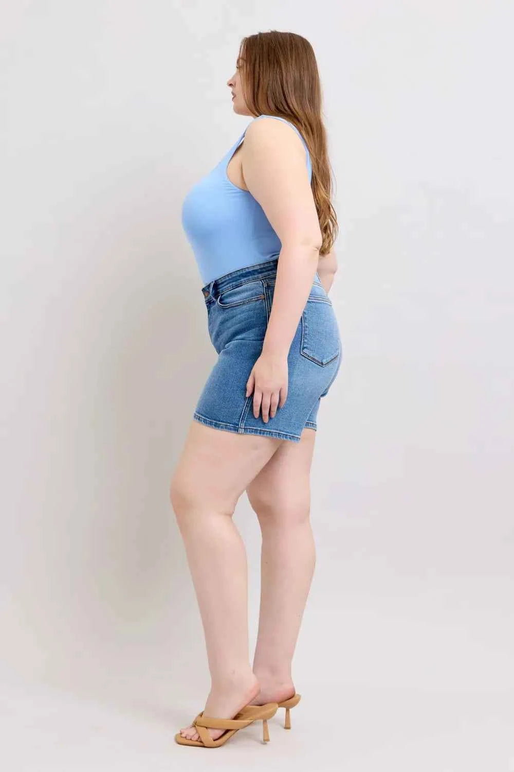 Women's Judy Blue 2-Button Denim Shorts with Pockets Medium Blue S-2XL