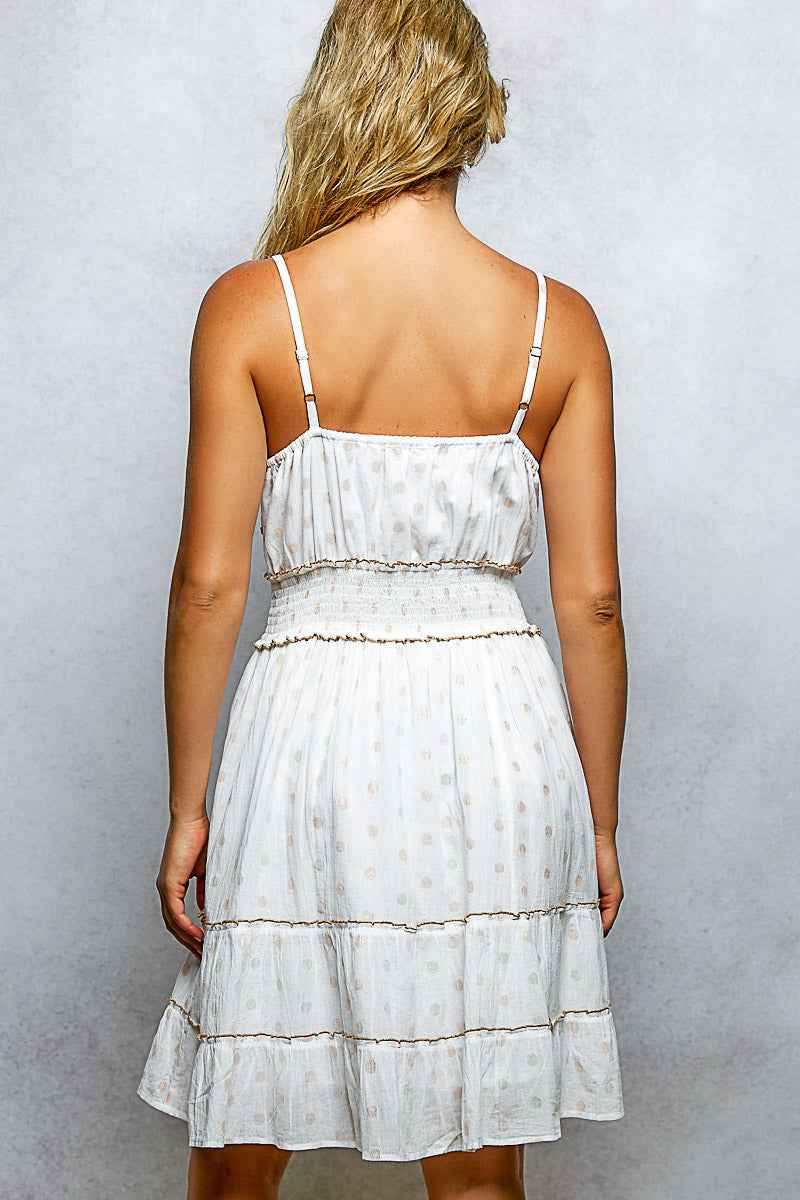 Women's Floral Embroidered Tassel Mini Cami Dress Smocked Waist Ivory S-L