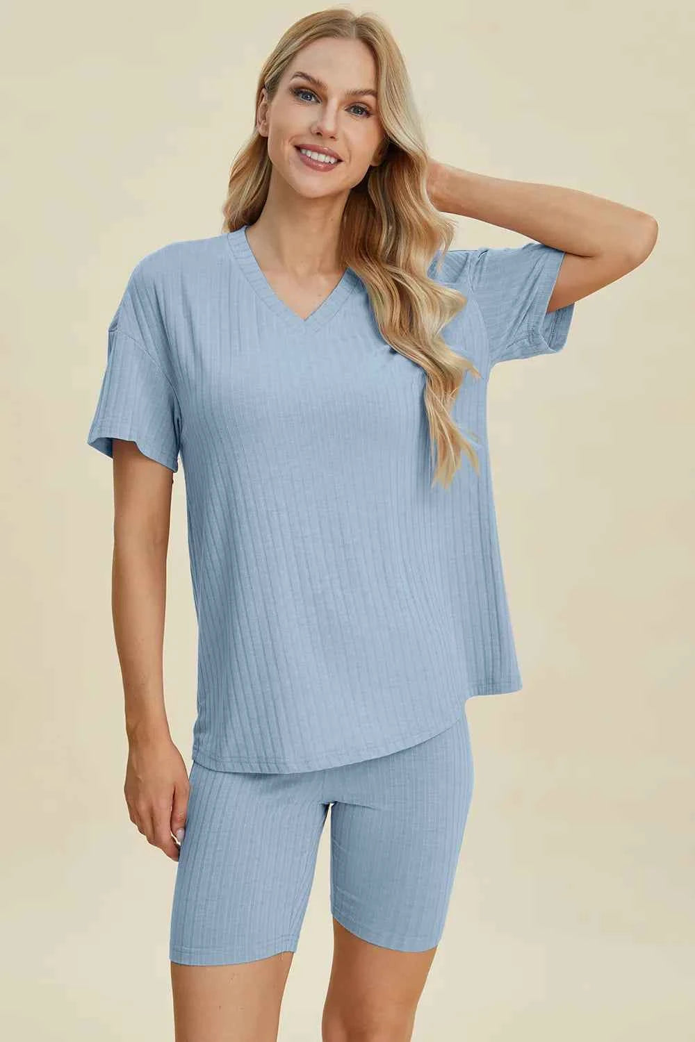 Women's Basic Bae Ribbed V-Neck Top and Shorts Set Two-Piece Multi Colors S-3XL