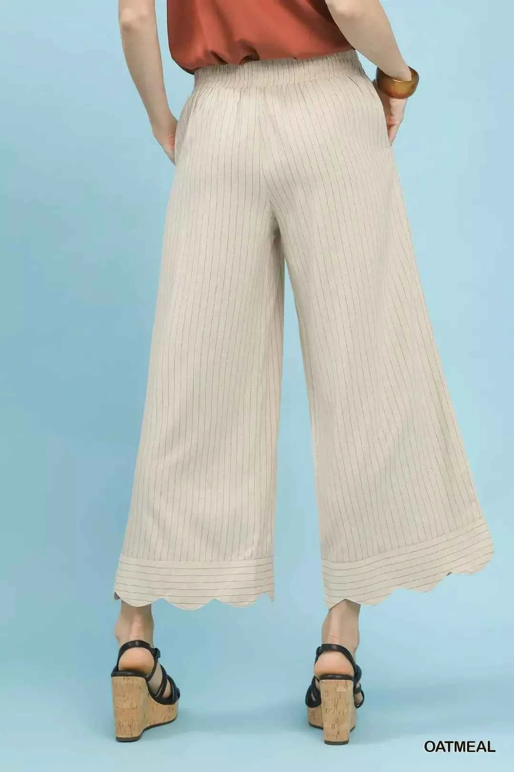 Women's Umgee Pinstripe Wide Leg Linen Pants Scalloped Hem Oatmeal S-L