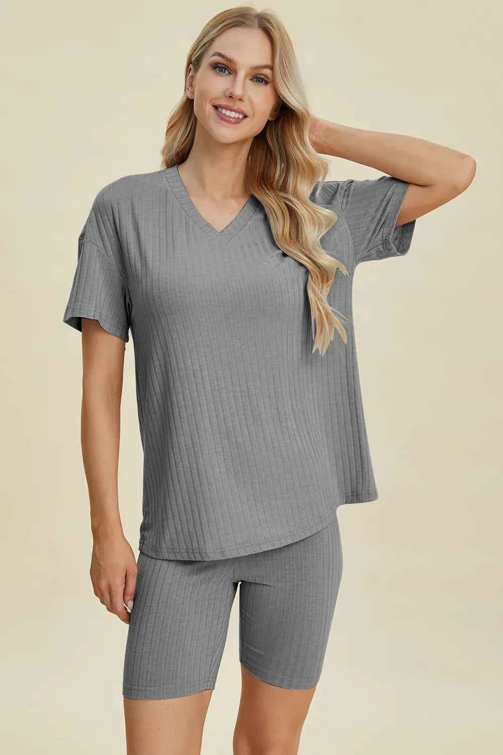 Women's Basic Bae Ribbed V-Neck Top and Shorts Set Two-Piece Multi Colors S-3XL Gray