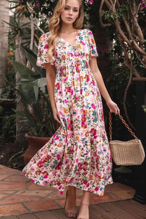 Floral Short Sleeve V Neck Dress with Pockets Floral
