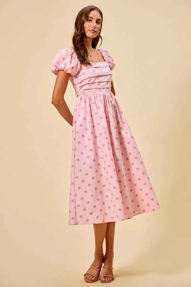 Women's Polka Dot Cotton Midi Dress Short Sleeve Pockets Smocked Pink S-XL