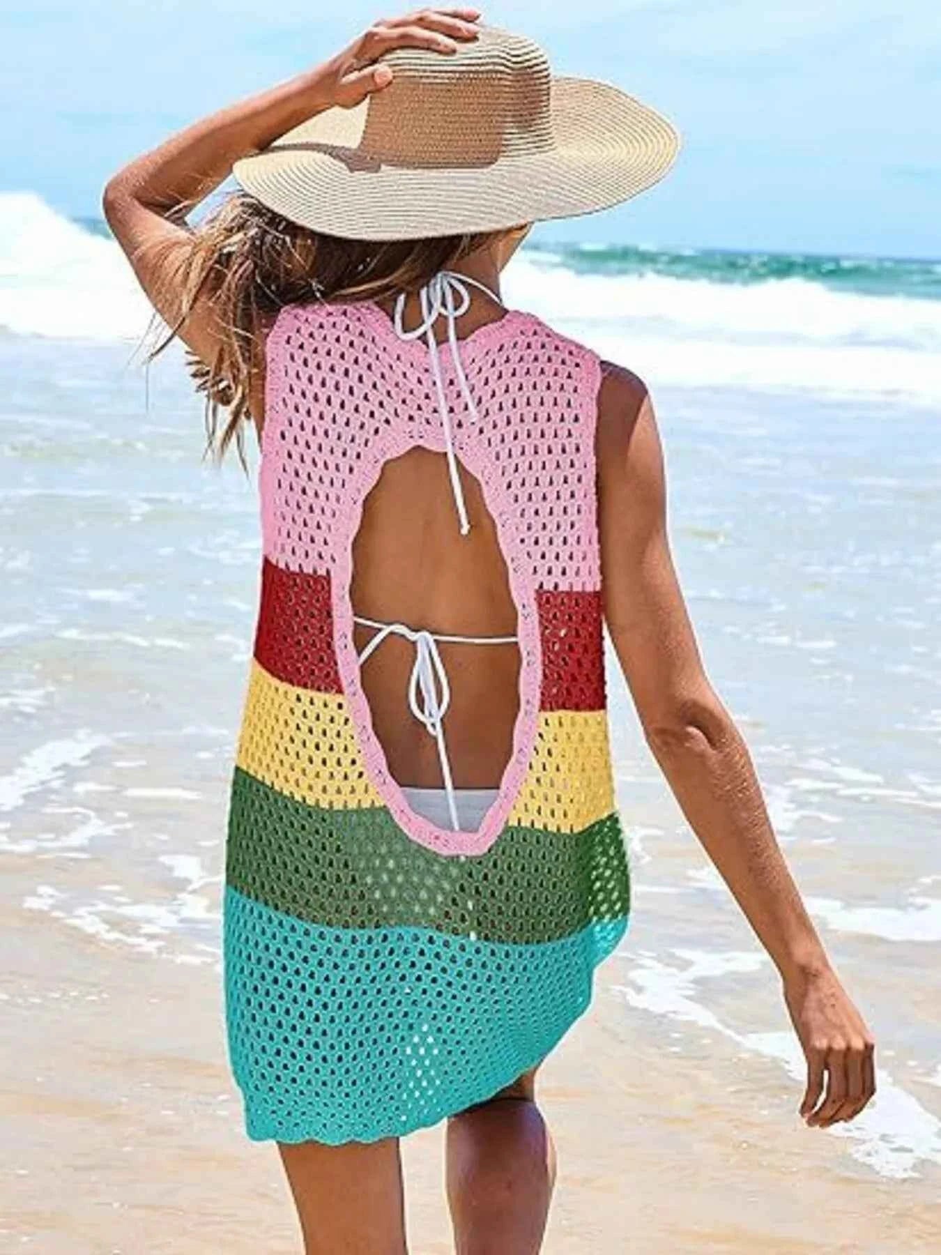 Women's Color Block Openwork Sleeveless Cutout Back Cover-Up Multi S-2XL Rainbow