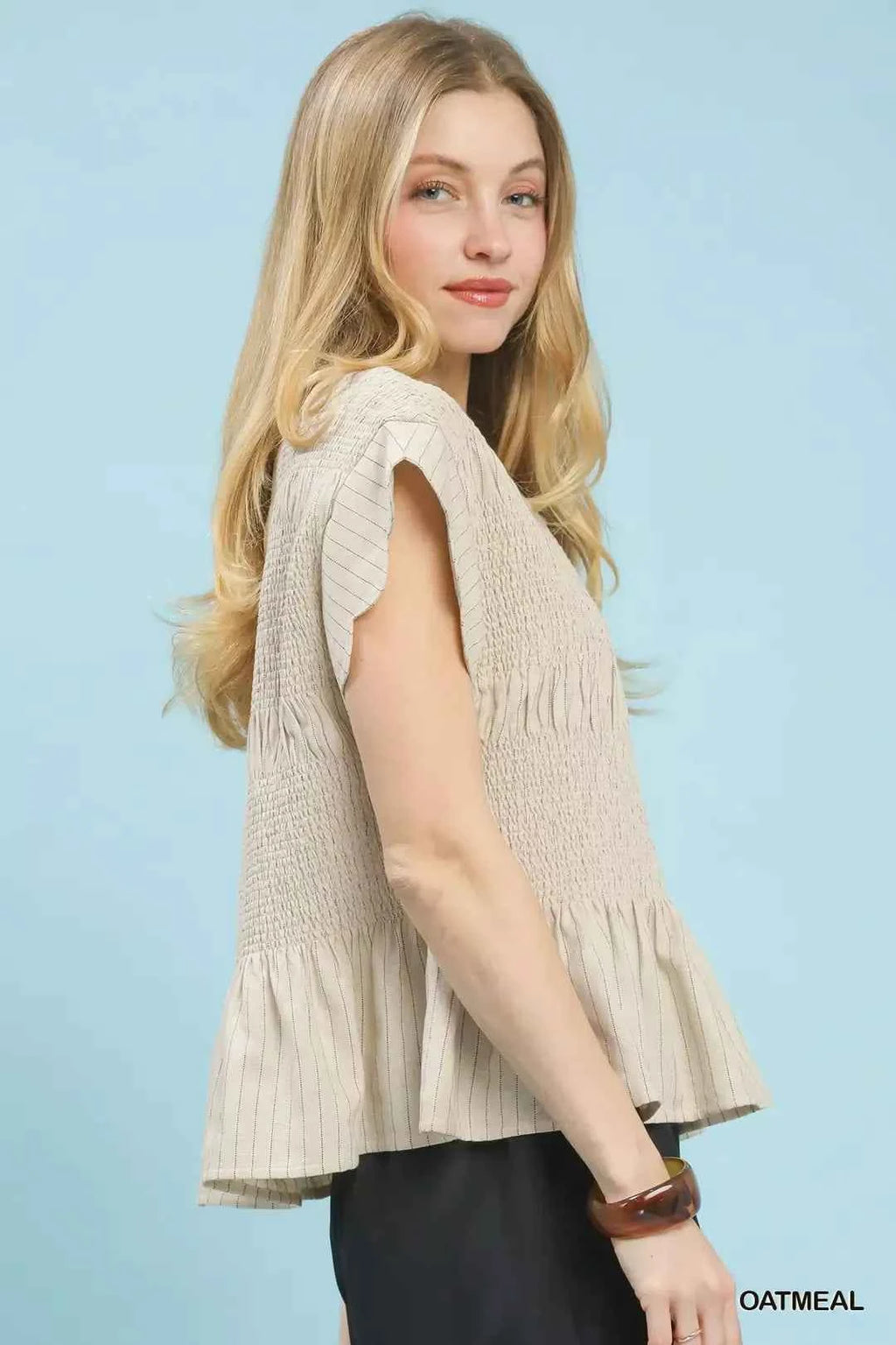 Women's Umgee Pinstripe Smocked Peplum Top Ruffle Cap Sleeve Oatmeal S-L