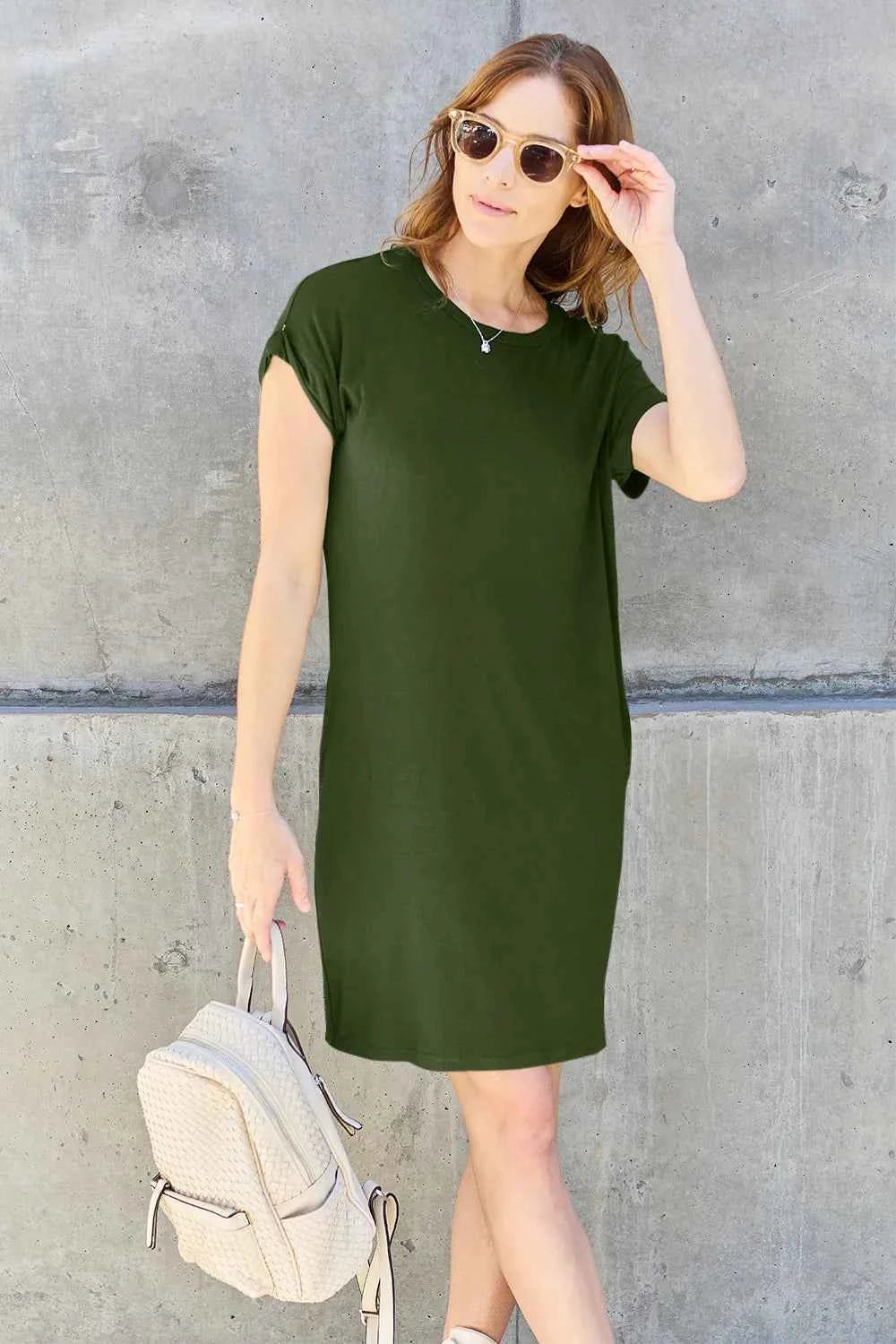 Basic Bae Women's Round Neck Short Sleeve Midi Dress Pockets Multi ColorsS-3XL Matcha Green