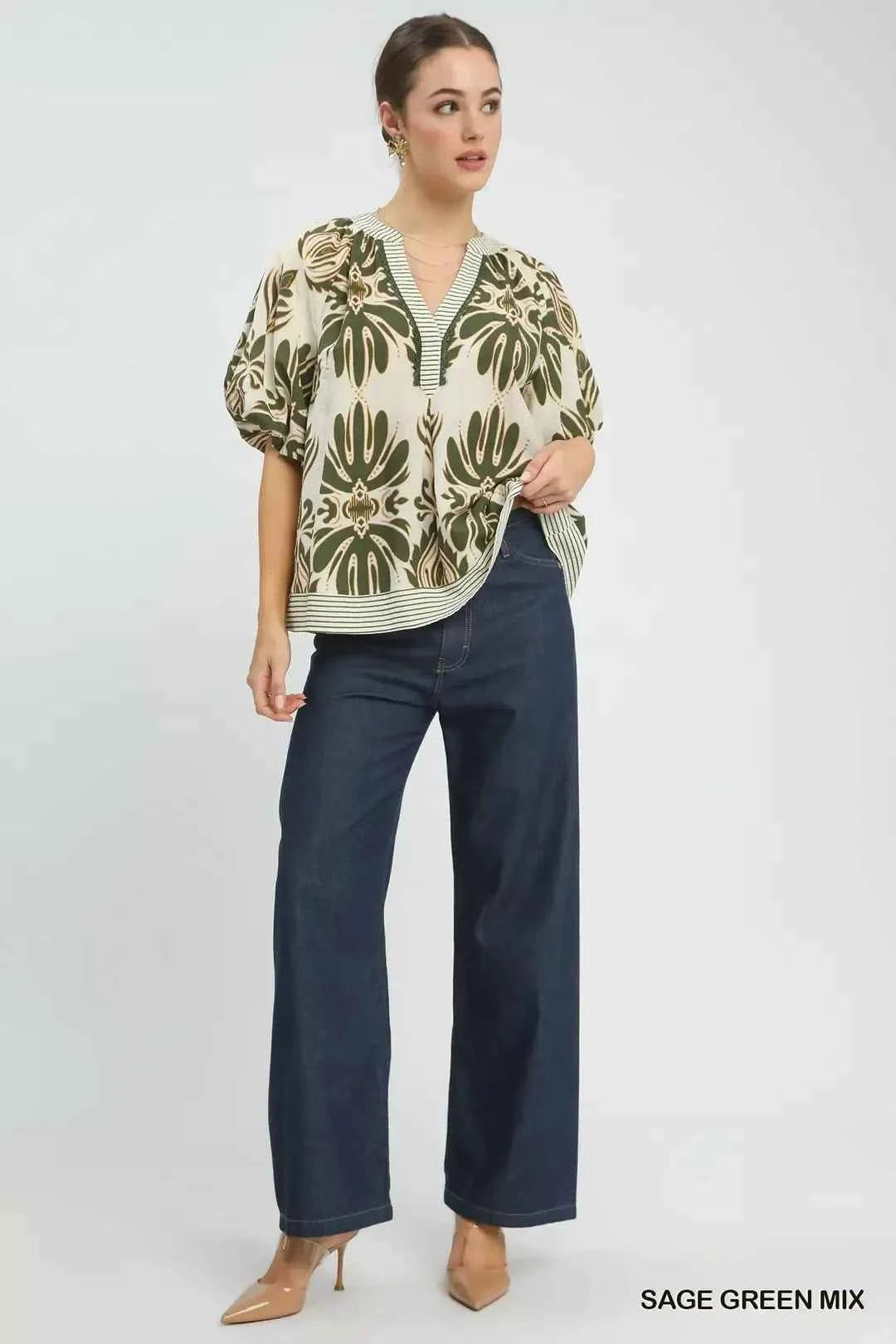 Women's Umgee Mixed Print Puff Sleeve Top Contrast Trim Sage Green S-L