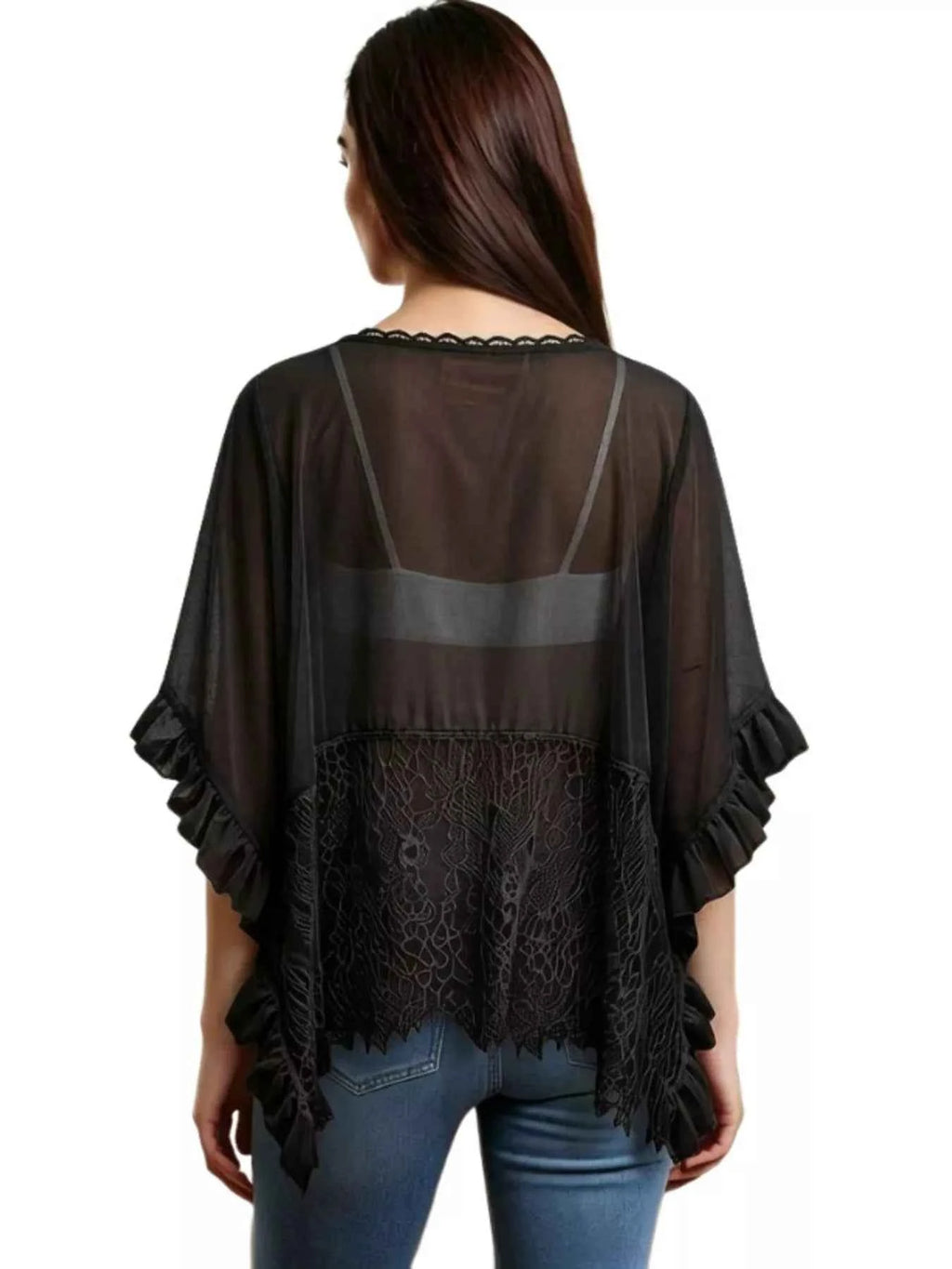 Women's Sheer Lace Trim Ruffle Flowy Short Sleeve Cover-Up Black White S-XL