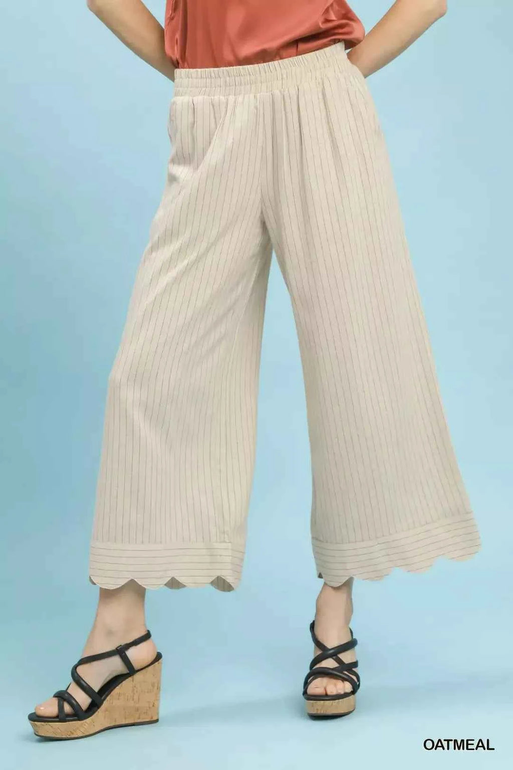 Women's Umgee Pinstripe Wide Leg Linen Pants Scalloped Hem Oatmeal S-L OATMEAL