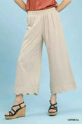 Women's Umgee Pinstripe Wide Leg Linen Pants Scalloped Hem Oatmeal S-L OATMEAL