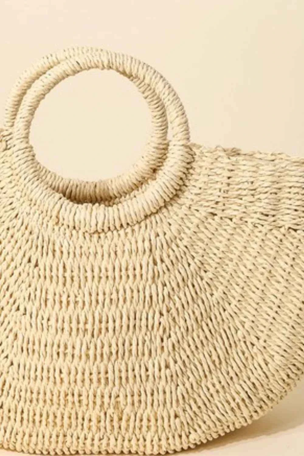 Women's Fame Accessories Half Moon Woven Straw Tote Bag Boho Ivory One Size