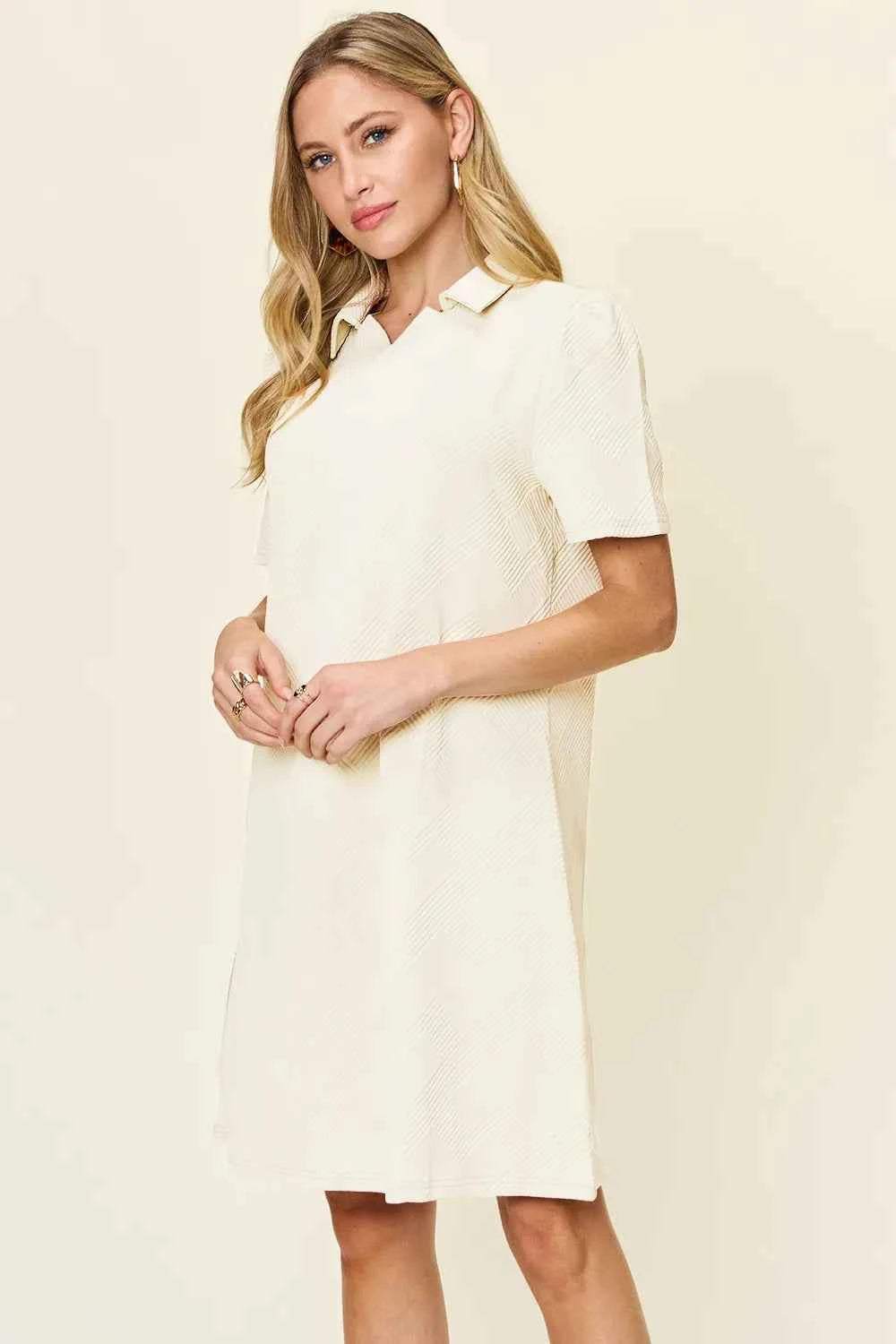 Women's Double Take Texture Collared Neck Short Sleeve Dress Multi Colors S-3XL