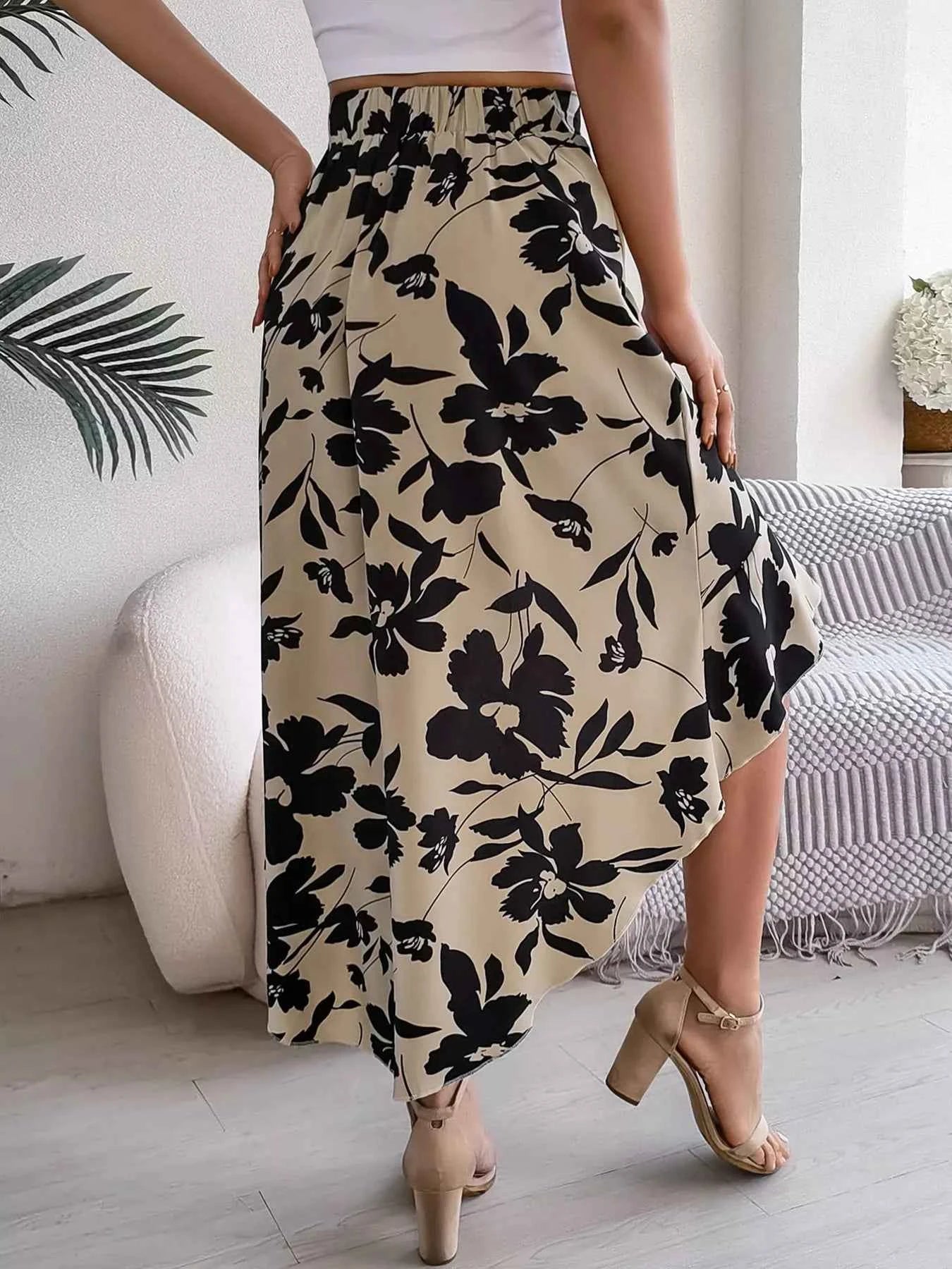 Women's Floral Print Ruffle Hem Asymmetrical Split Skirt Multi Colors S-XL Khaki