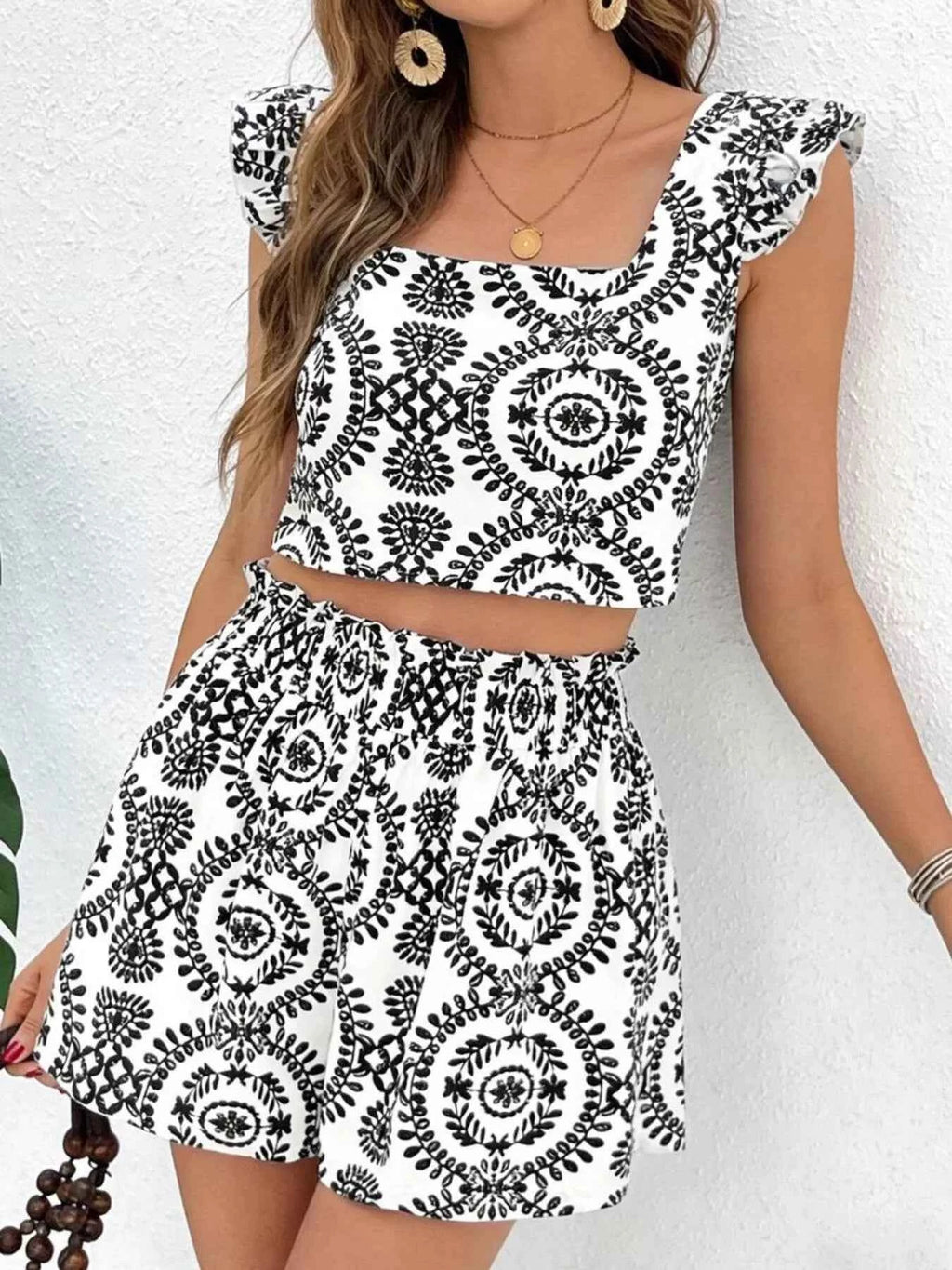 Women's Printed Ruffle Trim Crop Top & Shorts Matching Two-Piece Set Black XS-L