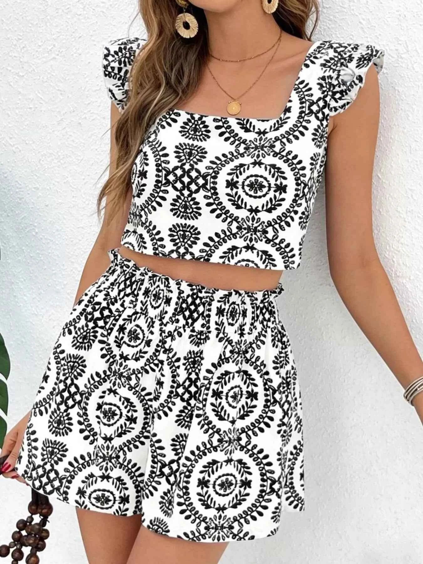 Women's Printed Ruffle Trim Crop Top & Shorts Matching Two-Piece Set Black XS-L