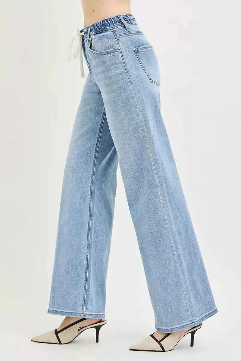 Women's RISEN Slouchy Wide Leg Jeans Elastic Drawstring Lite Blue 0-15