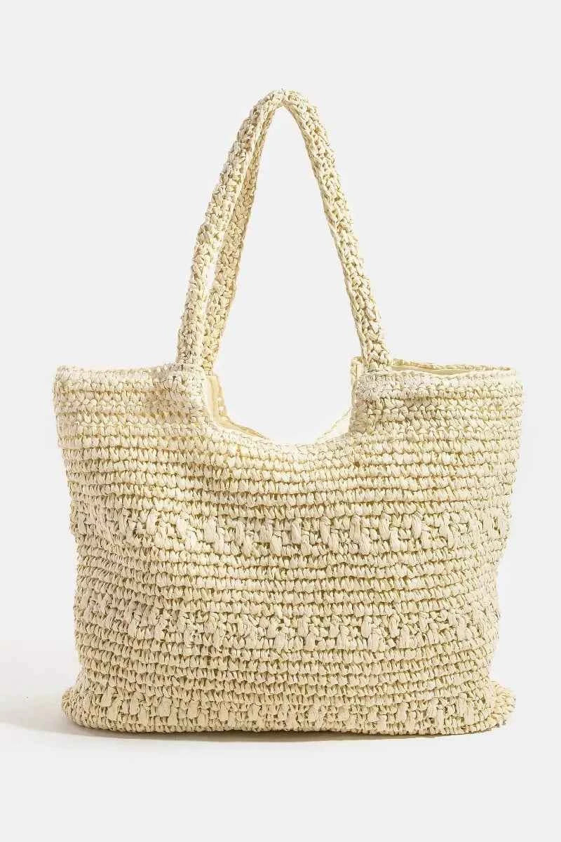 Women's Fame Accessories Straw Braided Square Tote Bag Boho Ivory Beige One Size Ivory Beige one size