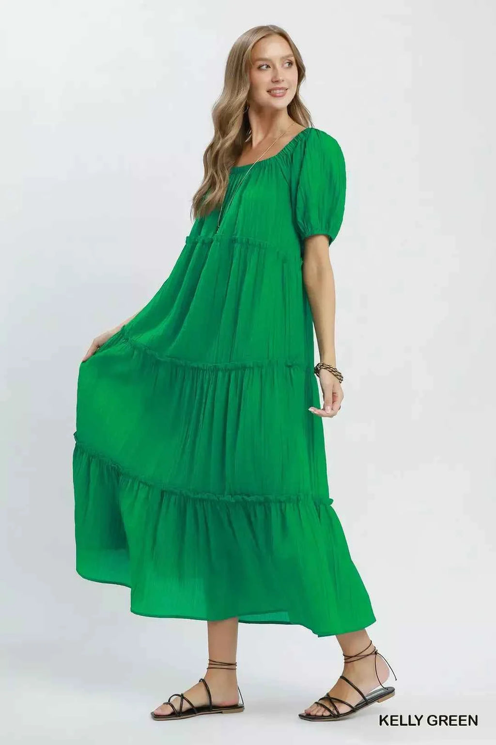 Women's Umgee Textured Tiered Midi Dress Puff Sleeve Square Neck Kelly Green S-L