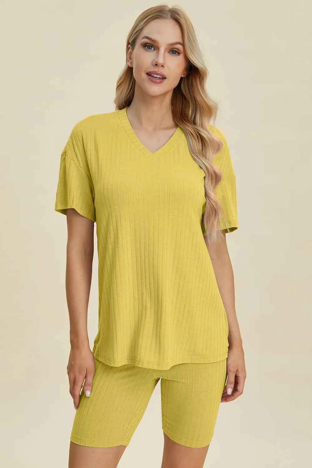 Women's Basic Bae Ribbed V-Neck Top and Shorts Set Two-Piece Multi Colors S-3XL Yellow