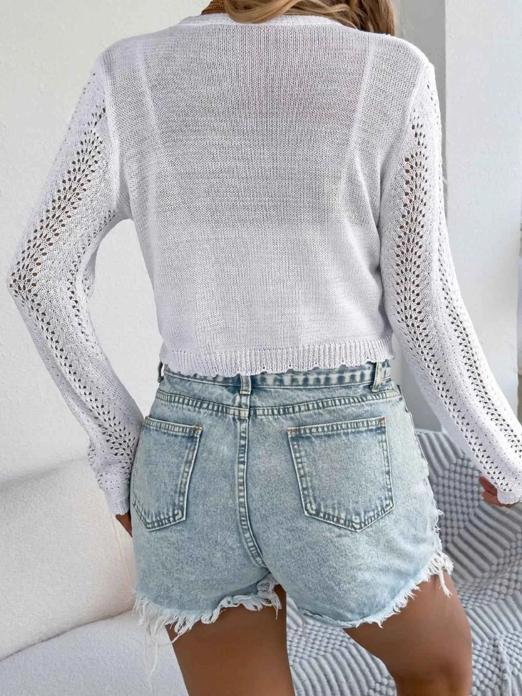Women's Crochet Knit Tie Front Cropped Cardigan Lightweight Open Knit S-XL