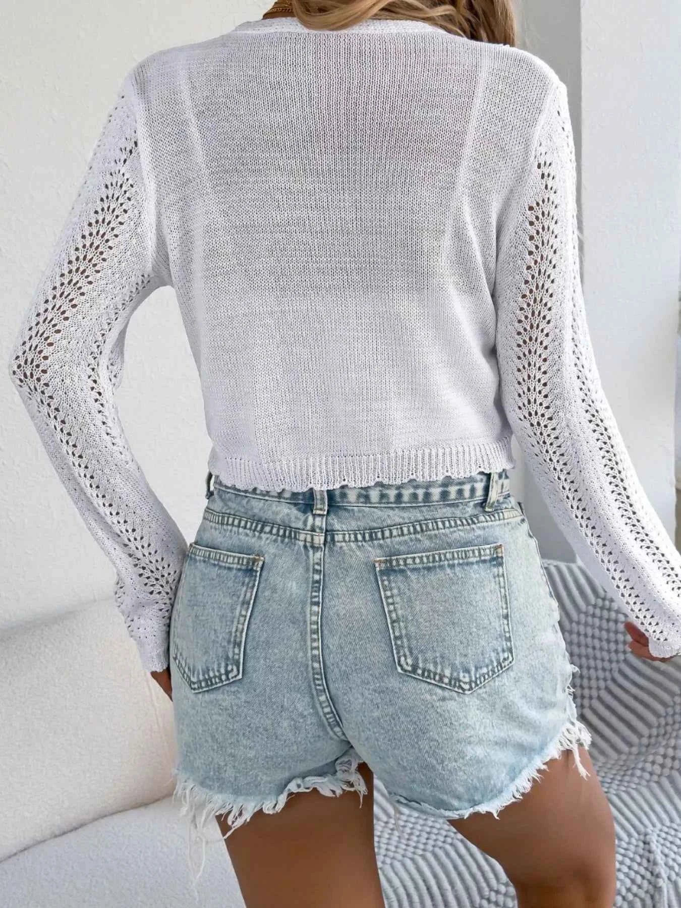 Women's Crochet Knit Tie Front Cropped Cardigan Lightweight Open Knit S-XL